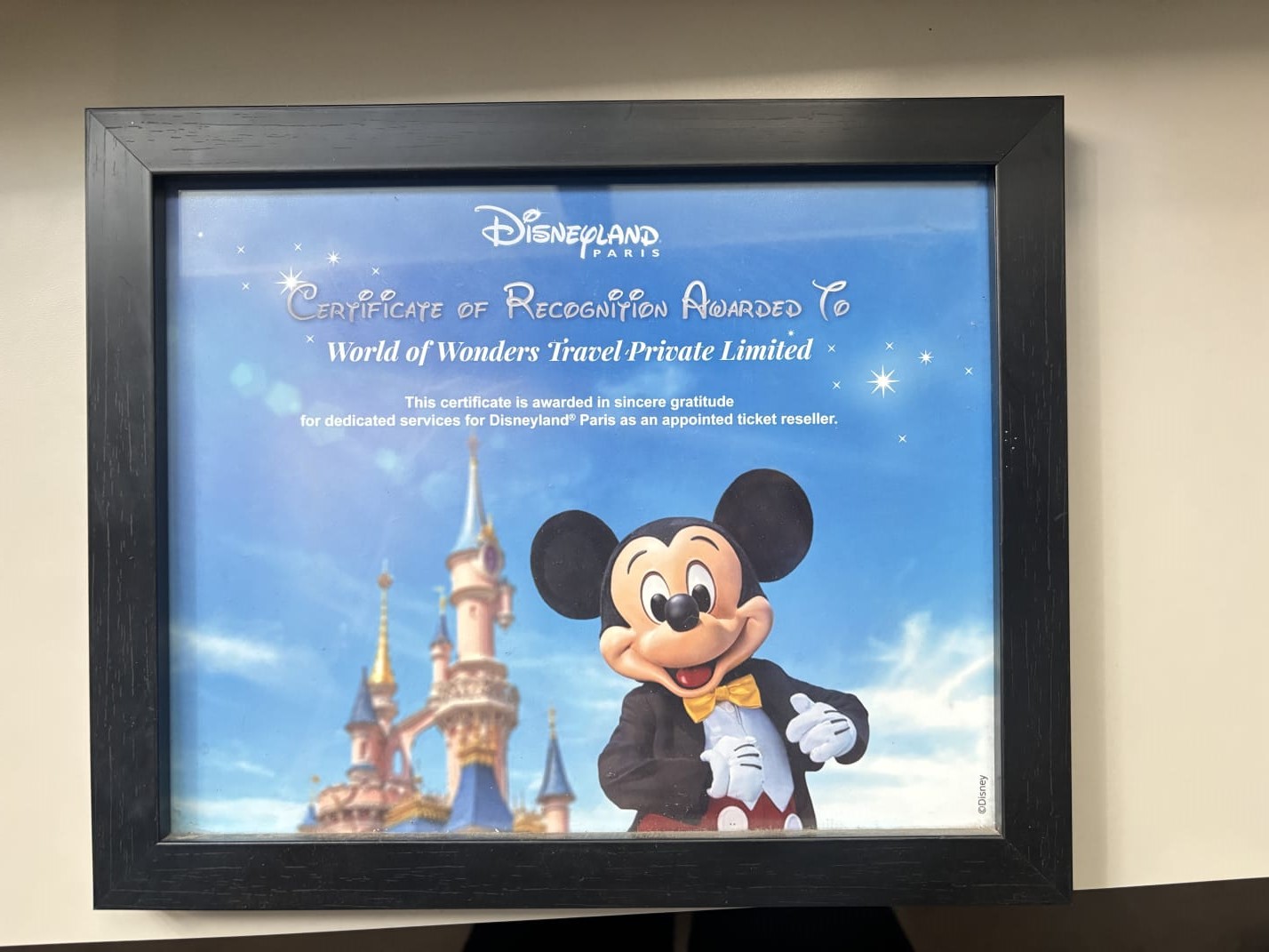 Certificate of Recognition from Disneyland Paris